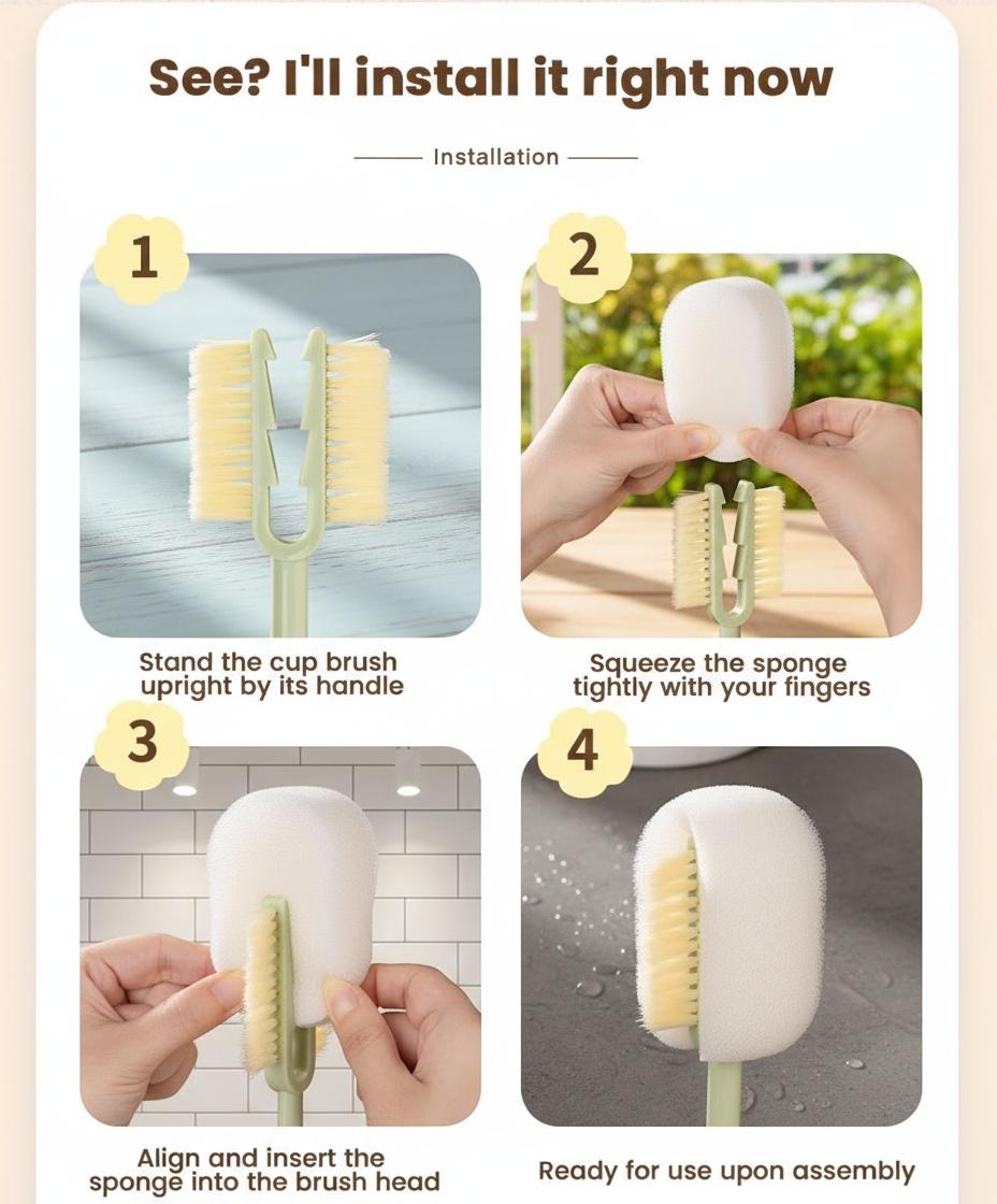 5-in-1 Multifunctional Bottle Scrubber Set – Straw Brush Included, Cleans Bottles, Cups, Straws & More (Cream White/Jasmine Green)