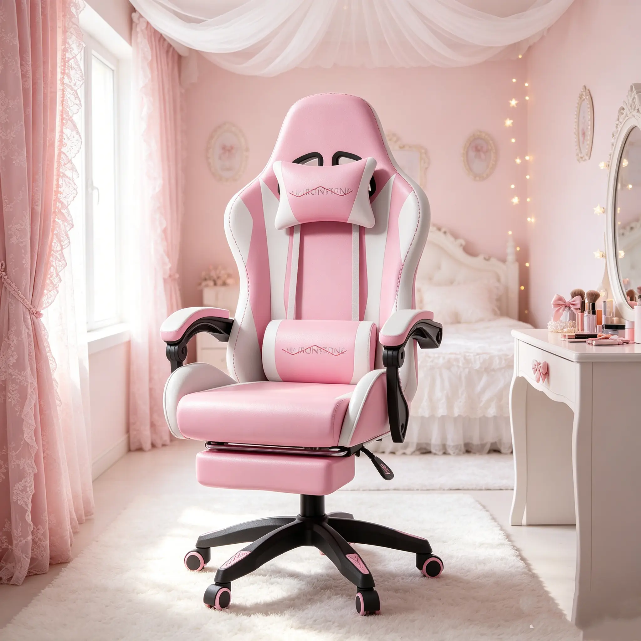 【Pink Cute Chair】Mr IRONSTONE Gaming Chair with Footrest Ergonomic Massage Computer Gaming Chair with Broaden Cusion Video Game Chair for Adults Kids Girlfriend Mother's Gift, Pink