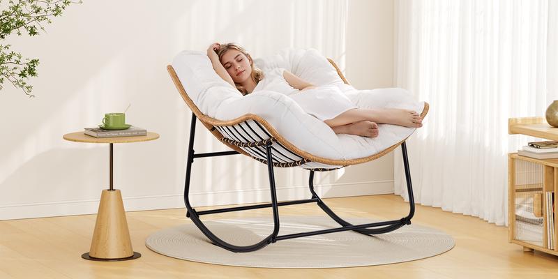 【Valentine's Day gift】ONBRILL Outdoor Rocking Chairs, Oversized Papasan Rocking Chair Indoors with Padded Cushions, Rattan Wicker Lounge Chair for Living Room, Porch, Patio, Garden, Grey