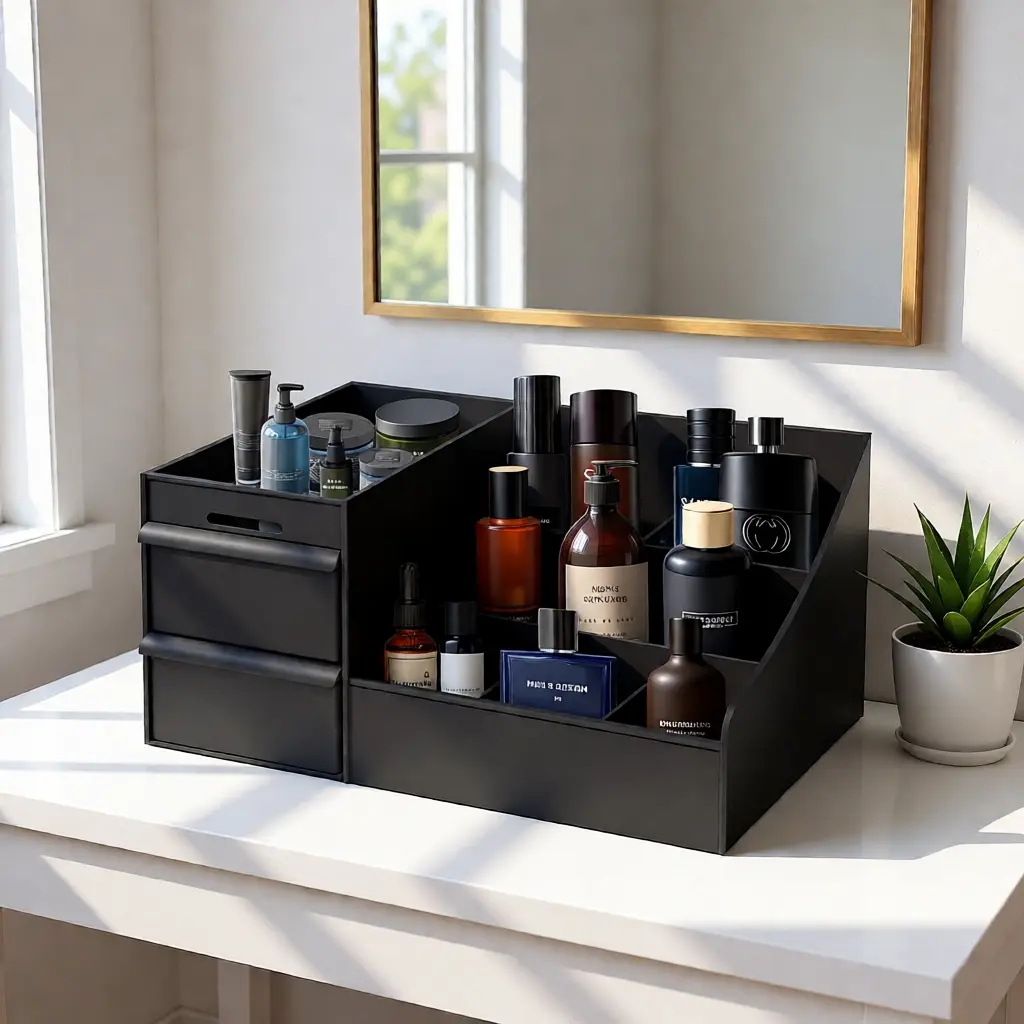 Black Plastic Modern Sleek Cologne Holder - 7 Compartments, 2 Extra-Deep Drawers - Waterproof Washable Cosmetic Storage Box - Beauty Supplies Organizer, Vanity Accessory - Gift for Dad, Husband, Boyfriend (Christmas)
