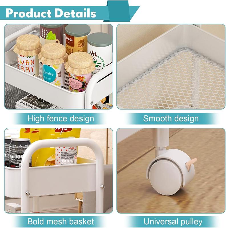 3-tier compact metal storage rack with wheels for easy movement; multi-functional mobile cart suitable for kitchens, bedrooms, and under desks; available in pink and white.