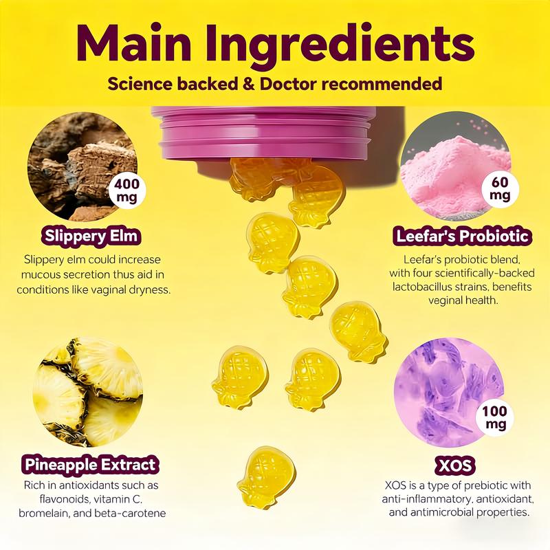 Women's Probiotic Gummies with Slippery Elm & Prebiotics for pH Balance & Intimate Moisture 60 Hawaiian Pineapple Flavored Counts-IOHO