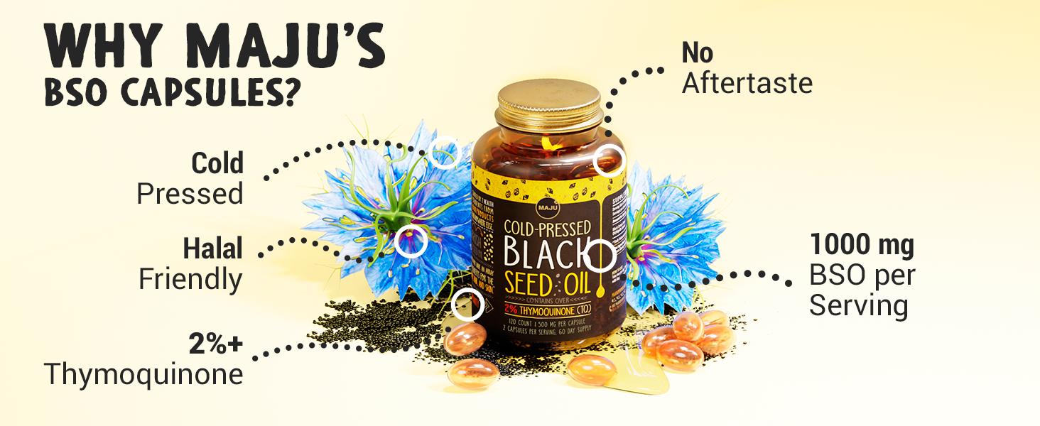 MAJU Black Seed Oil Capsules (120ct) - High Thymoquinone, Vitamin Supplement, Edible Dietary Healthcare Fitness Optimum Support