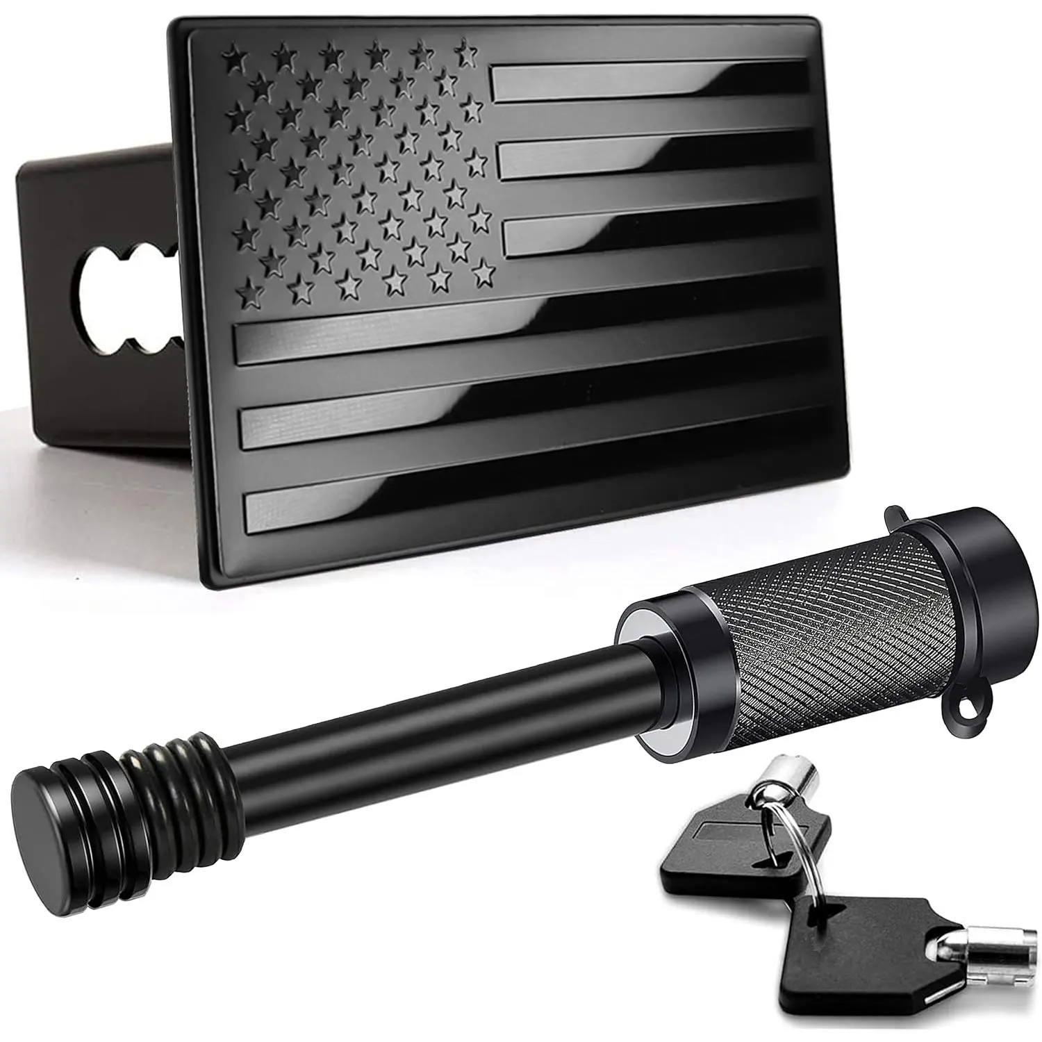 American Flag Metal Trailer Hitch Cover for 2 inch Receivers ( with 5/8-Inch Pin Diameter Trailer Hitch Lock)