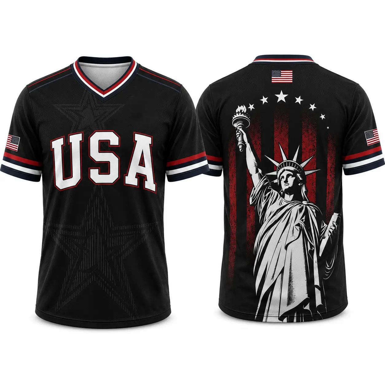 Men's Patriotic V-Neck Baseball Jersey, Breathable Polyester Mesh Shirt with American Flag Graphic and Button Closure for 4th of July, Casual Sports Jersey, Outdoor Wear, Patriotic Print, Multi-Size, Short Sleeve Tops, Male, Sporty Chic, Short Sleeves, Hi