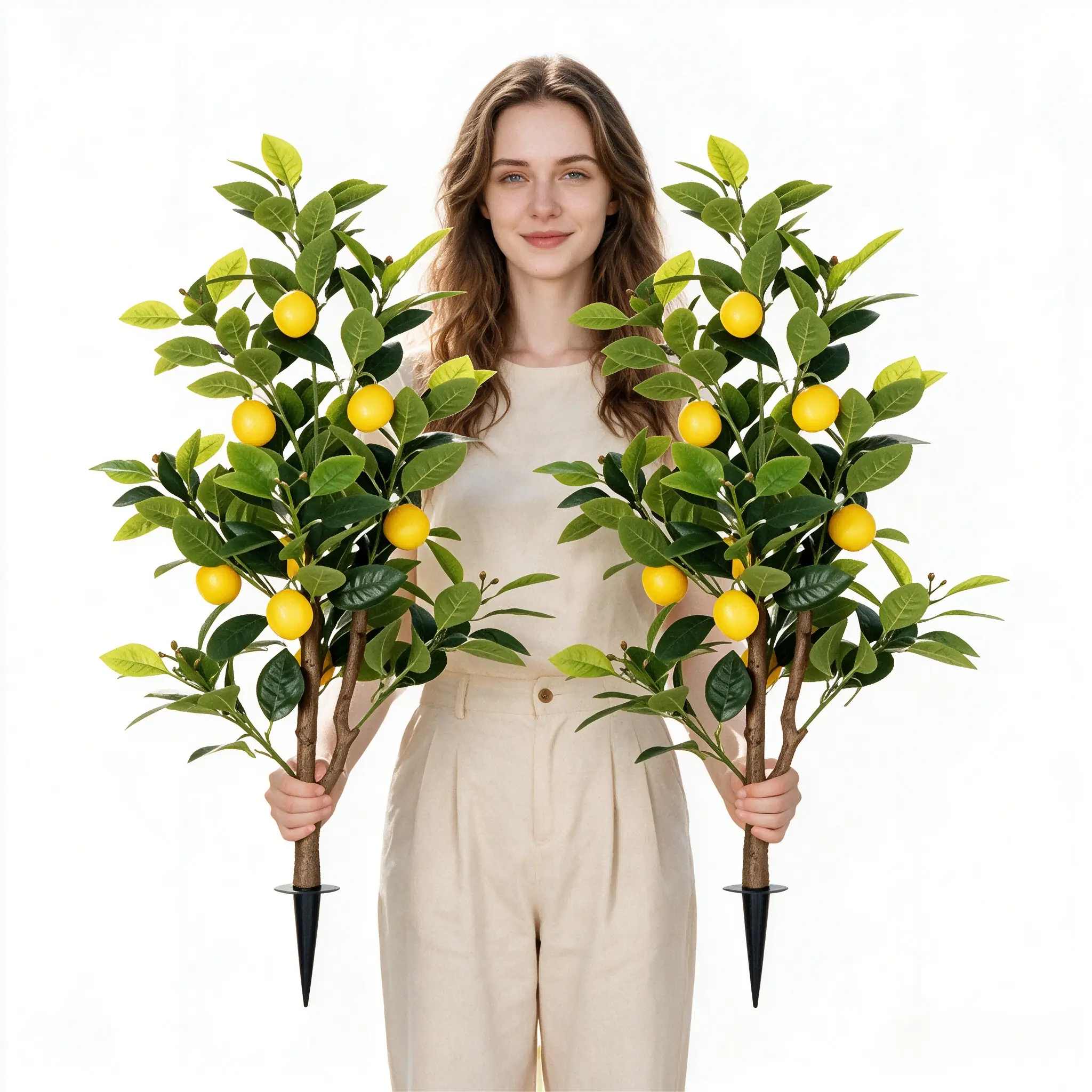 3ft 2 Pack Artificial Lemon Tree with Ground Stakes, UV Resistant Faux Citrus Tree Lifelike Fake Fruit Plant, No Maintenance Outdoor Decor for Garden Yard Porch Entryway Decorative