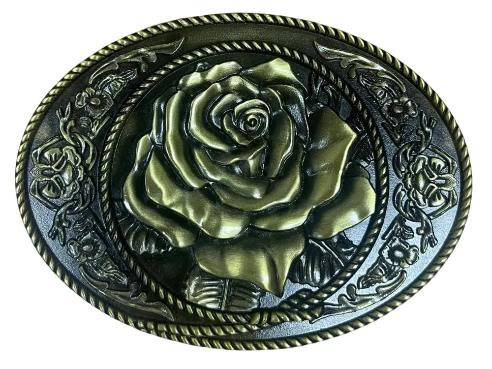 WMG Rose Flower Western Oval Bronze Plated Western Unisex Fashion Belt Buckles