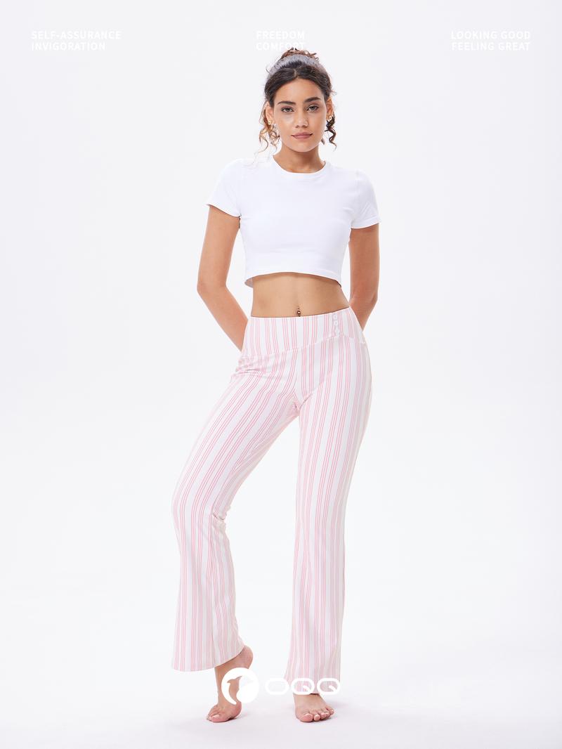 OQQ Women’s Striped Trousers High-Waist Striped Flare Pants – Casual Long Trousers Sport Workout Pants