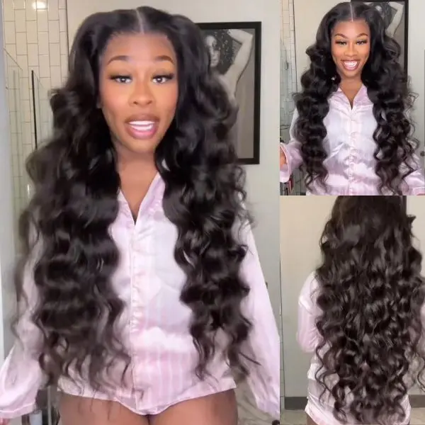 Amanda Hair Glueless Pre bleached 13x4 Lace Frontal Pre Cut 6x4 Closure Loose Wave Wig 180% Density with Curtain Bangs Body Wave Natural Black #Summersale