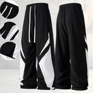 Men's spring and autumn trend black and white contrasting color spliced corduroy wide-leg pants, street trendy style is suitable for men who pursue individuality to go out or punch in daily