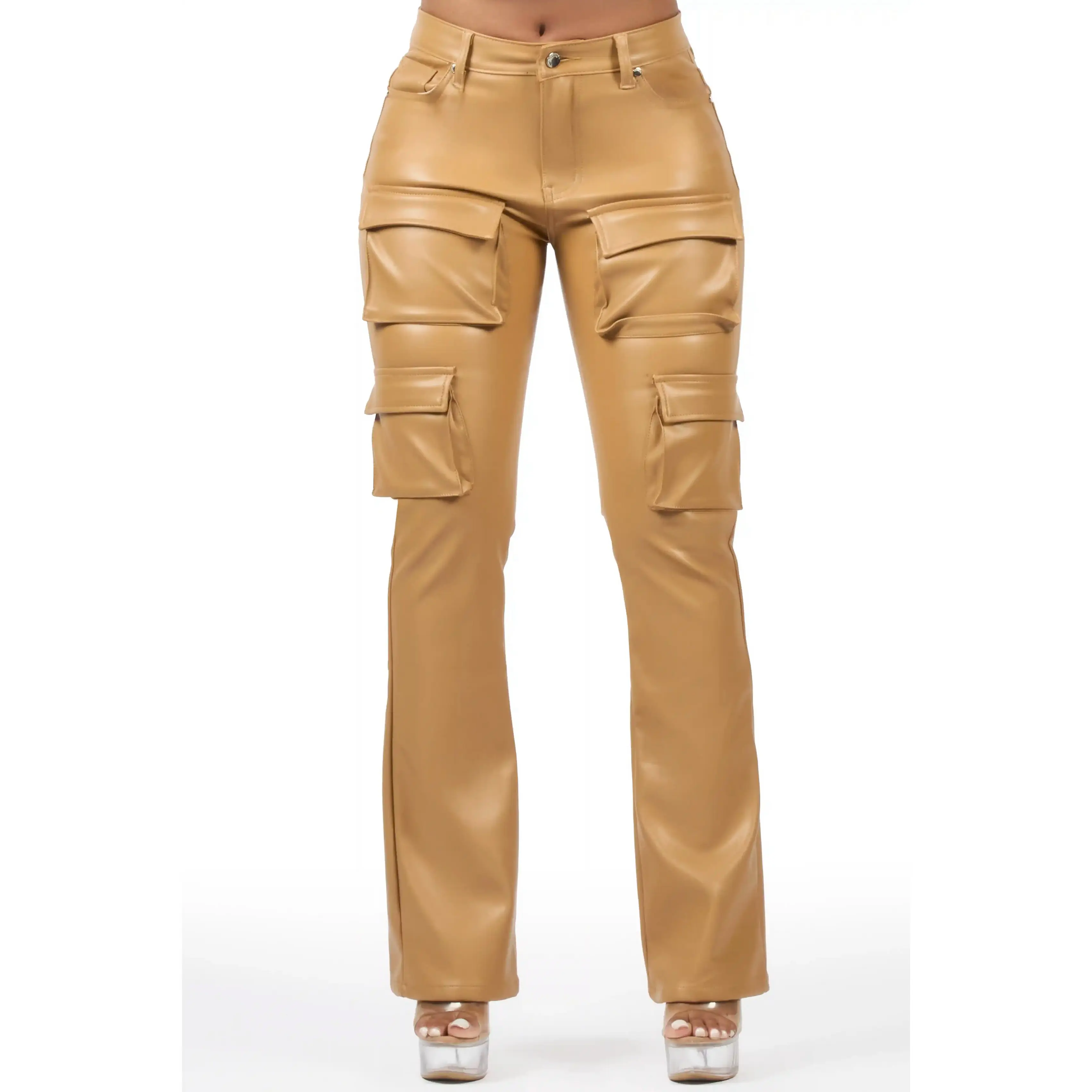 Caressia Tan PU Cargo Stacked Flare Pant