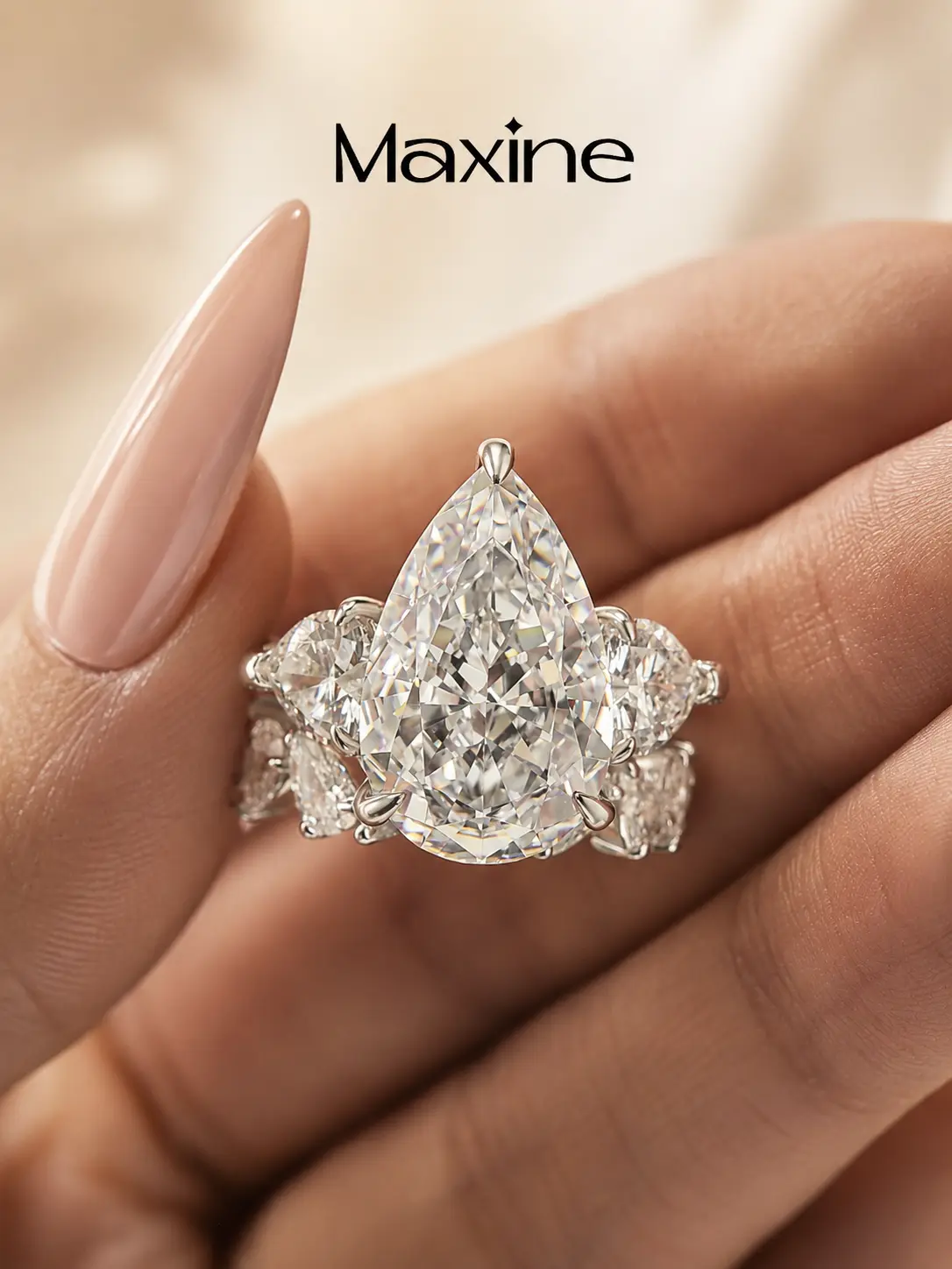 Maxine 2-Piece 8.0ct Wedding Ring Set - 3-Stone Pear Cut Engagement Ring with Matching Eternity Band, Affordable Luxury, Suitable for Daily Wear
