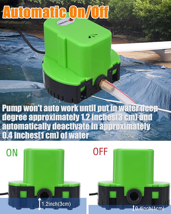 Tool Daily Automatic Pool Cover Pump 1200 GPH Submersible with 4 Adapters & 16ft Drainage Hose, Automatic ON/OFF Function, Durable Construction
