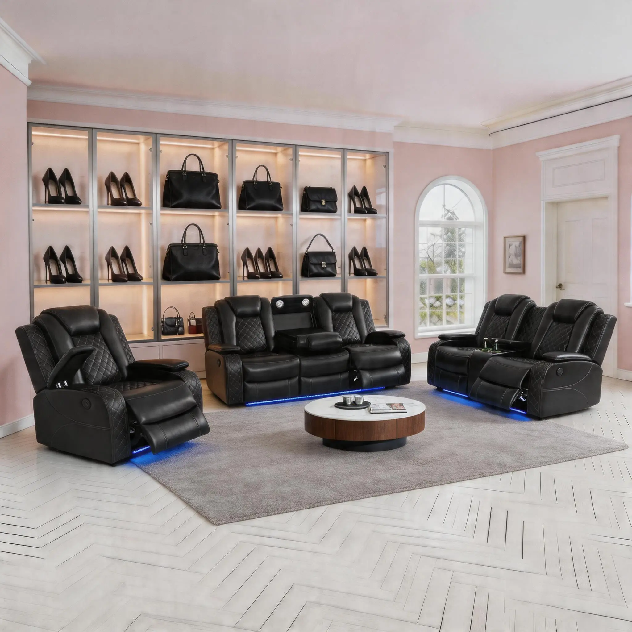 Luxury Black Breathing 3-Piece Modern Power Reclining Leather Living Room Sectional Sofa Set - Oversized Chaise, Multifunctional Elegant Design, Loveseat Sofa, High Back Recliner, Stainless Metal Cup-Holder, Modern Sofas Set, Sofas Living Room