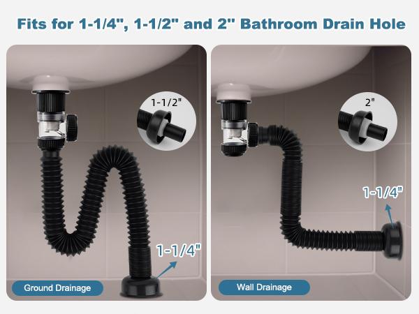 Hibbent Bathroom Sink Drain Kit, Flexible P-Trap Drain Pipe with Pop Up Stopper, Expandable Bathroom Sink Pipe Replacement with 2 Adapters, Fits 1-1/4'', 1-1/2'', 2" Holes, Hair Catcher, Chrome