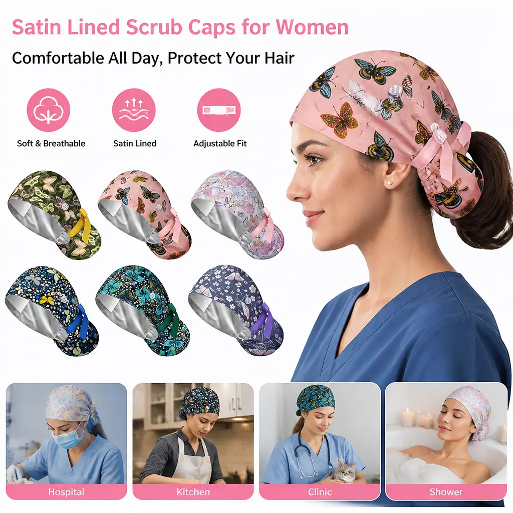 Women's 6-Pack Cotton Nurse Caps for Adults - Adjustable Surgical Hats with Elastic Band, Ponytail Hole, Breathable Mask Buttons, Healthcare Work Hair Coverage Accessories