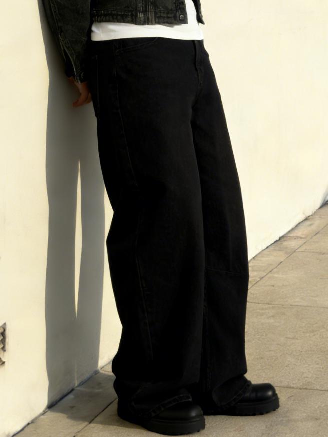 Men's retro washed loose straight jeans, casual four-season street style, zipper placket, solid color pattern, daily wear denim trousers Men's retro washed loose straight jeans, casual four-season street style, zipper placket, solid color pattern, daily wear denim trousers