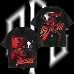 Superstyle The Man Without Fear "Matt Murdock" Daredevil - Devil of Hell’s Kitchen MCU Comics Edition Double Printed Oversize Lightweight Acid Washed Tee Hoodie Sweater TV Series Graphic Design Top Cotton Streetwear Comic Superheroes T-Shirt Menswear