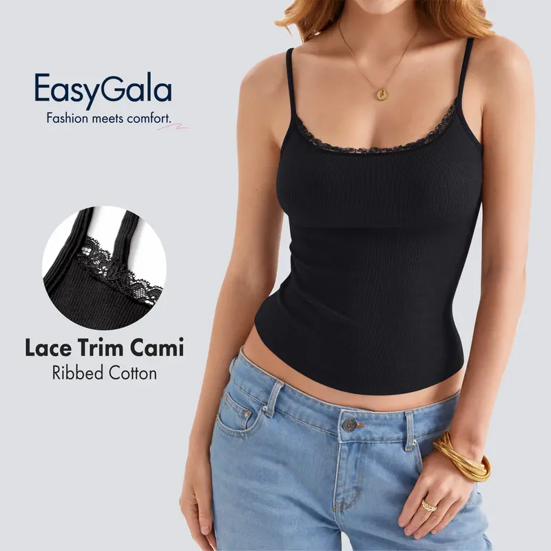 EasyGala Women's Lace Trim Ribbed Cotton Basic Sleeveless Tank Top - Square Neck, Adjustable Spaghetti Straps, Cross-Over Backless Cutout, Slimming Stretch Camisole for Summer Going Out Outfits (Women's Tanks & Camis)