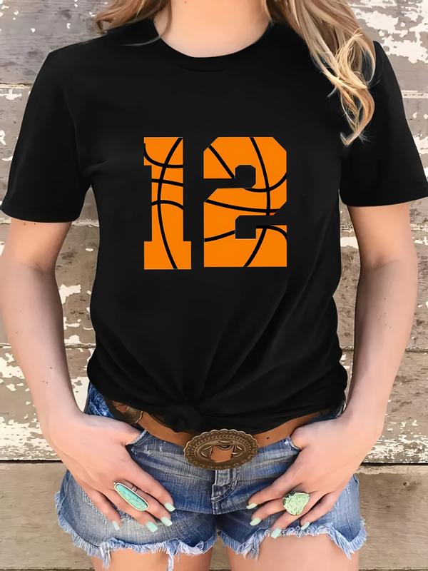 Women's Basketball-Print T-Shirt: Crew Neck Casual Top, Cotton SS Breathable, Exclusive for Basketball Fans, Daily Energetic, Machine-Washable
