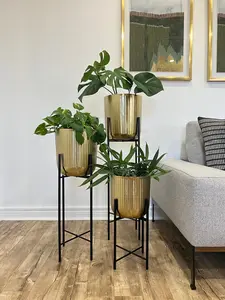Classic Lined Gold Metal Planters on Black Legs