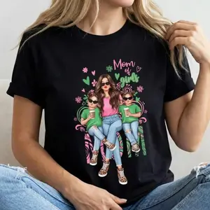 Cotton Short Sleeve T-Shirt Mom of Girls Cartoon Printed T-Shirt, Y2K Style, Short Sleeve, Crew Neck, Polyester, Mother'S Day Gift Cute trendy Y2K outfit for moms of girls