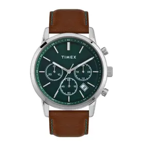 Timex Green Round Dial Analog Chronograph Men's Watch TWEG294SMU02 with Premium Brown Leather Strap and Quartz Precision