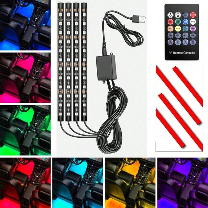Car LED Strip Lights 4Pcs 48 LED Interior Multicolor Music Car Strip Light Under Dash Lighting Kit with Sound Active Function Remote Controller DC 12V Dual Mode RGB Foot Lights