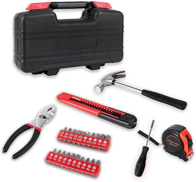 39-Piece Red Household Tool Kit, All-in-One Basic Home Repair & DIY Tool Set with Portable Plastic Toolbox, Essential Tools for College Students, Renters & Homeowners