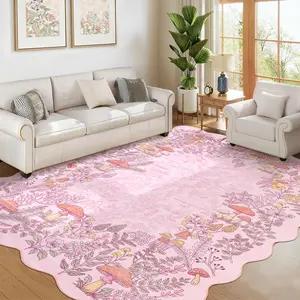 Fan-shaped Floral Border Rug Mushroom Pattern Printed Rug Washable Area Rug Ultra-thin Foldable Interior Decorative Rug Low-pile Non-shedding for Bedrooms Dining Rooms Offices Game Rooms Restaurants and Apartments
