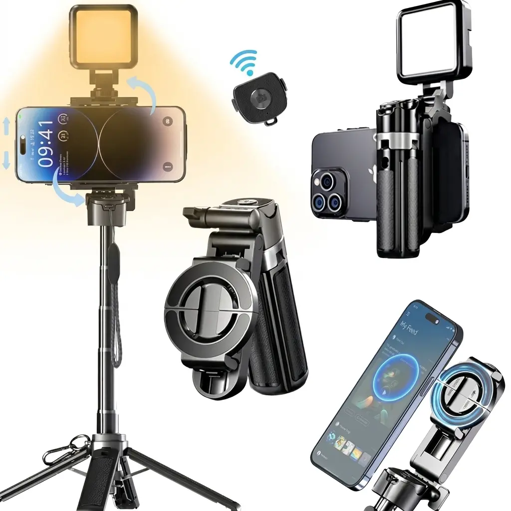 USfoture 6-in-1 Magnetic Mini 20.5'' Selfie Stick for iPhone with LED Light. Can Converts into Mini Tripod/Phone Camera Grip/Handheld Stabilizer/Phone Stand. Selfie Stick with Rechargable Remote
