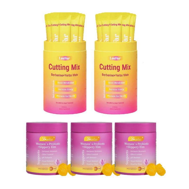 【LEEFAR Signature Bundle】Women's Probiotics+Slippery Elm 60 Pineapple Gummies & Cutting Drink Mix 30 Servings- Feminine pH Balance