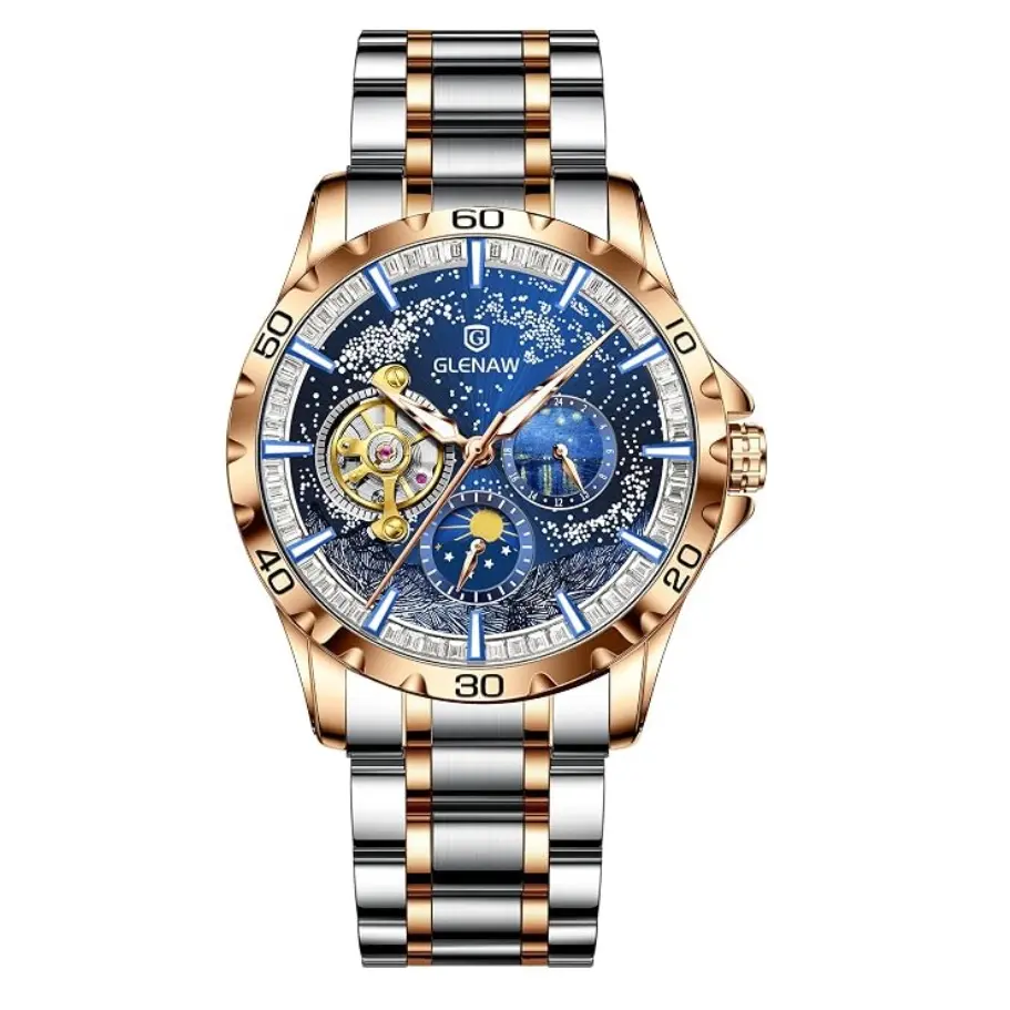 Men's Starry Sky Skeleton Automatic Self-Winding Mechanical Watch - 2-Tone Gold Stainless Steel Band, 24H Sun Moon Star Day Night Display, Luminous, 3ATM Waterproof Business Wrist Watch Gift For Men