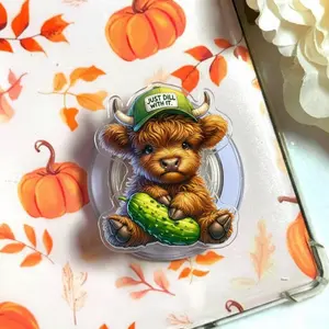 Aesthetic Cute Highland Cow Pickle Magnetic Phone Grip, Funny Farm Animal Magsafe Kickstand, Trendy Retro Moo and Pickle Gift For Her