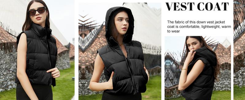 Kingapril Women's Cropped Puffer Vest Winter Hooded Zip-Up Quilted Padded Sleeveless Warm Gilet with Pockets