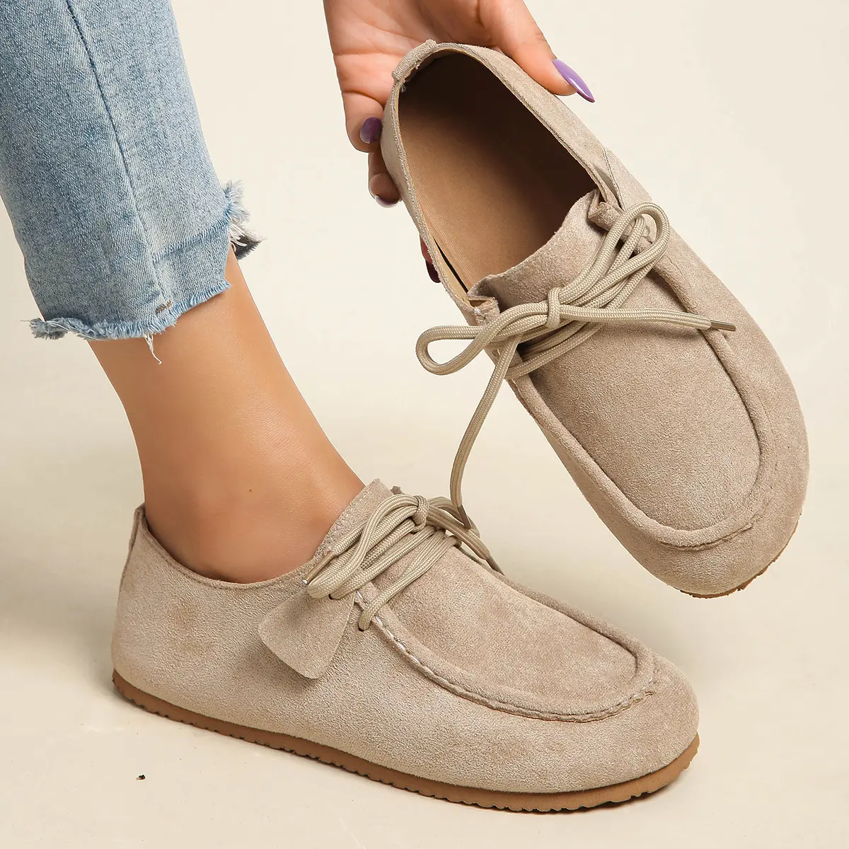 Women's Soft Faux Suede Lace-Up Loafers - Classic Round-Toe Flats with 0.5cm Heel, Arch Support, Non-Slip TPU Rubber Sole, Breathable Fabric, Flexible Ankle Casual Walking Shoes