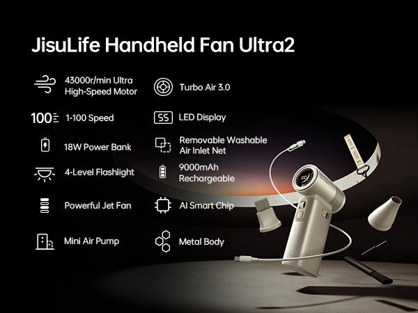 Jisulife Multifunction Portable Handheld Turbo Fan with 9000 mAh Powerbank & Flashlight 100 Speeds Adjustable Mini Personal Fan for On-the-Go Cooling