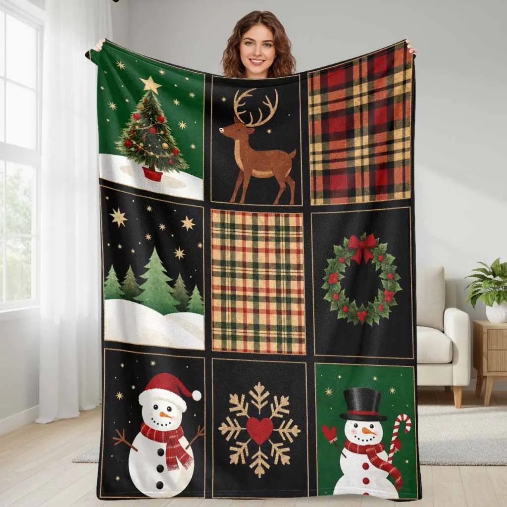 Christmas Holiday Flannel Blanket - Festive Reindeer & Snowman Print, Ultra Soft, Lightweight, Warm Cozy Bedding Throw for Winter Home Decor (Sofa, Couch, Living Room), Holiday Gift Exchange