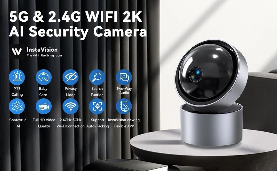 Smart Home Security Camera with Emotion Tracking & Color Night Vision - 2K Full HD, Two-Way Talk, 2.4GHz/5GHz Wi-Fi,360° Pan/Tilt, Baby/Pet Monitor, Plug-in, Wi-Fi App Control