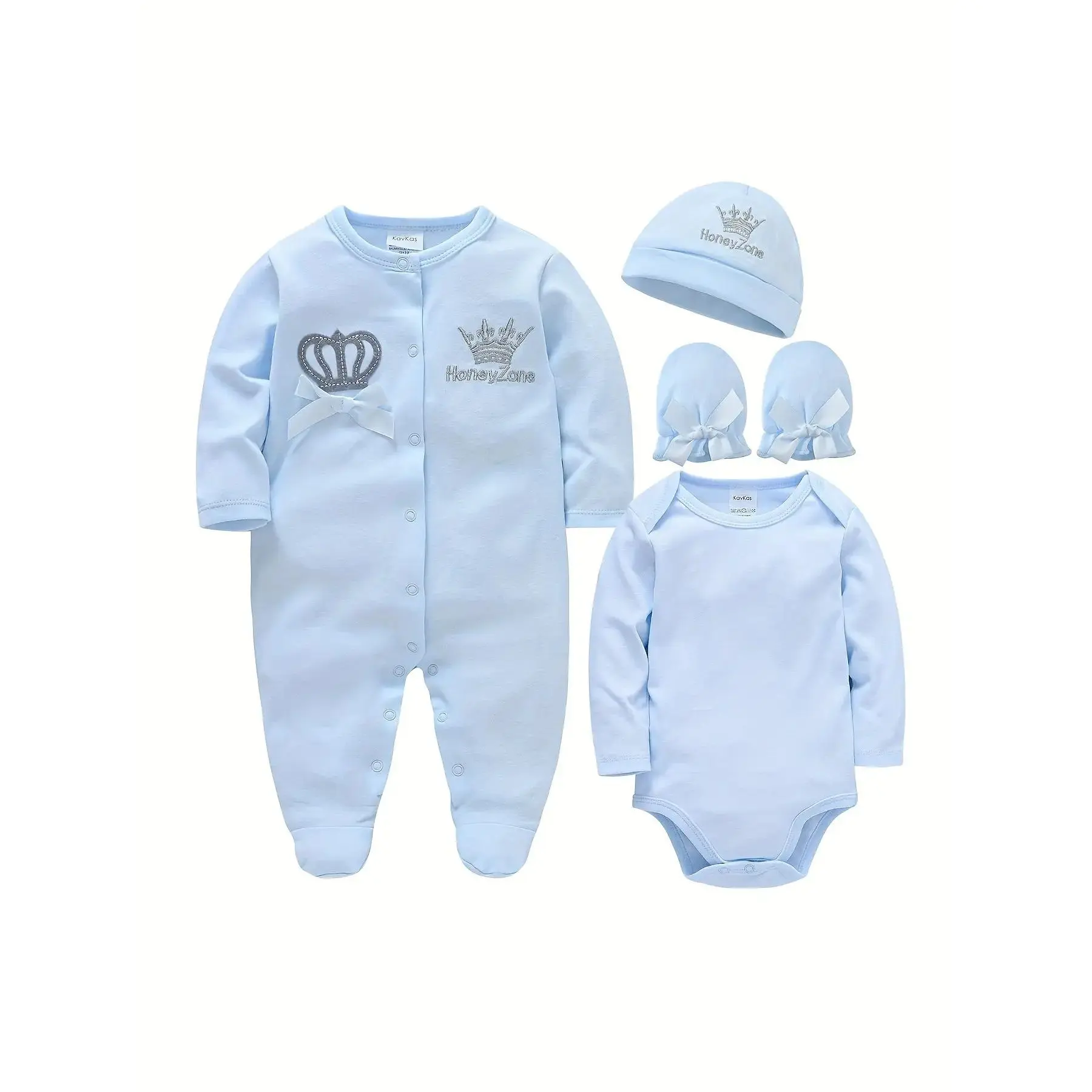 QY Boys' 4-Piece Blush Pink Soft Cotton Set - Full-Length Gingerbread Boy Jumpsuit, Cardigan, Crown Hat, Gloves, Casual Kids' Fashion Outfit