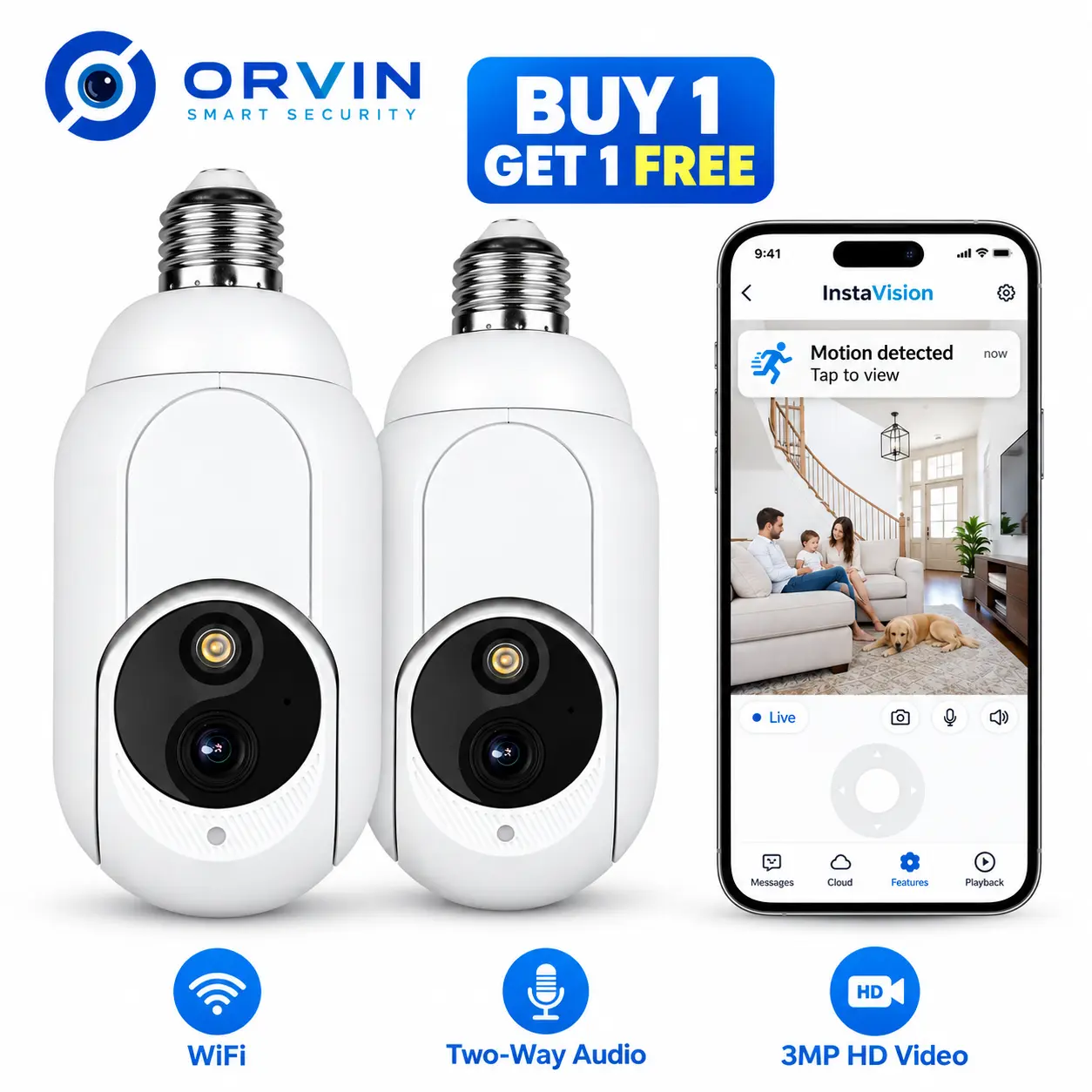 【 Special offer 2-pack】 Light Bulb Camera, 2.4GHz Wi-Fi Indoor/Outdoor Cameras with AI Human Motion Detection, 2-Way Audio, MicroSD Recording, Built-In LED & Spotlight for Porch and Front Door Security (cam2r)