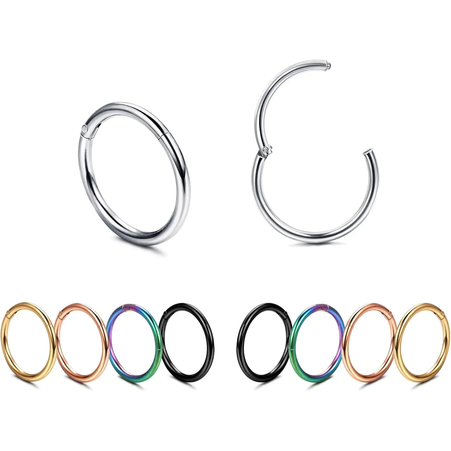 FUNRUN 10PCS Essential Hoop Set | 18G Surgical Steel Hinged Clickers | Waterproof & Hypoallergenic | Perfect for Septum, Nose, Helix, Lip & Tragus | 8mm Cartilage Piercing Jewelry Nose Piercing Jewelry
