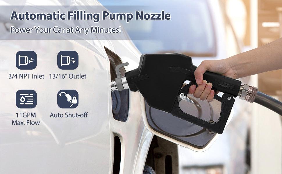 GARVEE Automatic Fuel Nozzle with 3/4" NPT Inlet, 13/16" Spout, Max Flow Rates of 11 or 16 GPM, Auto Shut Off, Aluminum & PVC Handle, 360° Swivel for Efficient Gasoline, Diesel, and Kerosene Refilling.