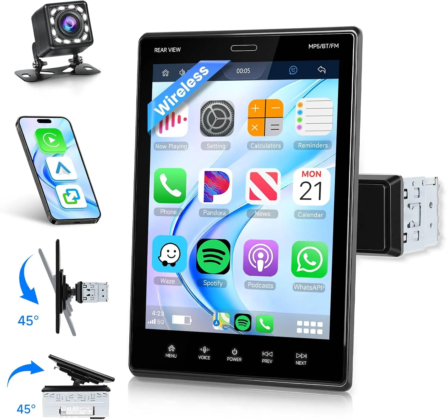 9.5 Inch Wireless CarPlay & Android Auto Single DIN Car Stereo Rotatable Touchscreen Car Radio with Mirror Link, Bluetooth, AM FM RDS Radio/EQ, SWC, USB/TF, Includes Backup Camera