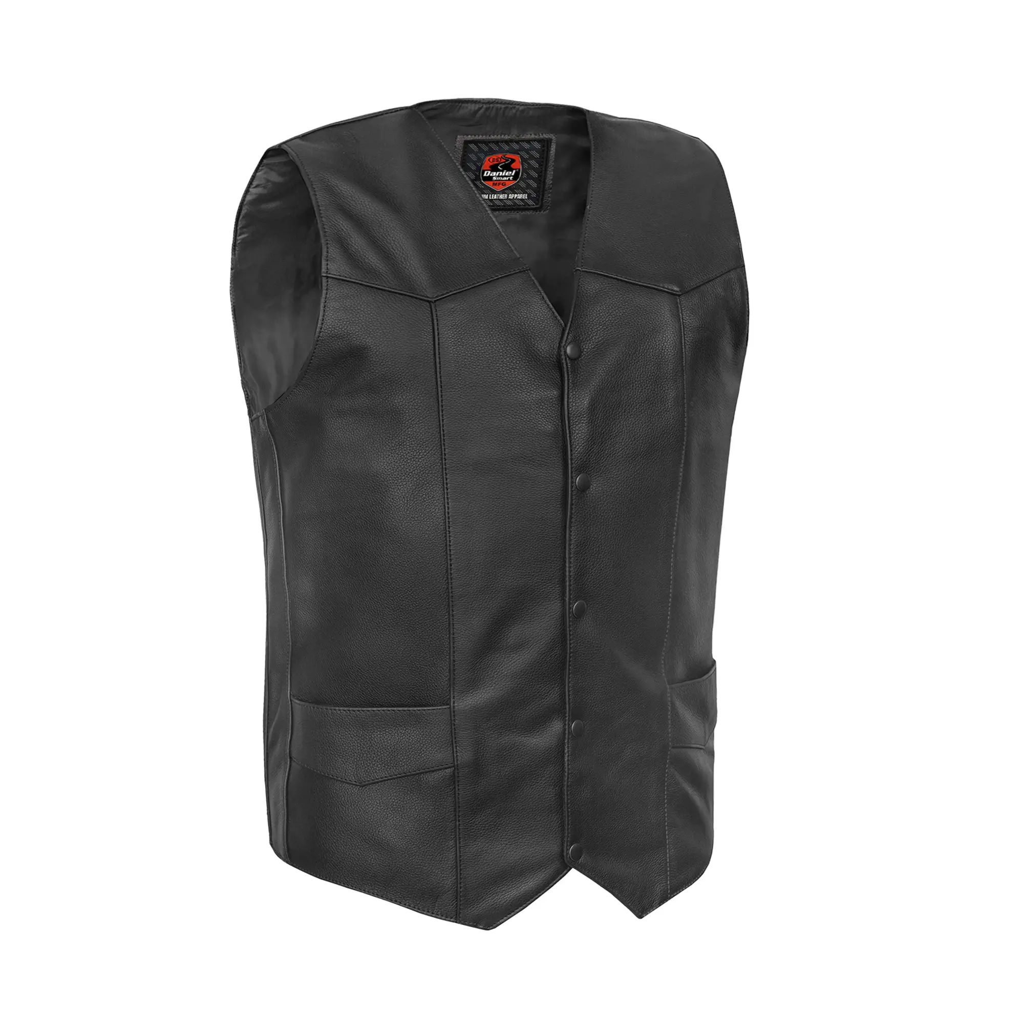 DANIEL SMART Outlaw Adult Open Front Protective Cowhide Motorcycle Vest - 1.2-1.3mm Diamond Soft Milled Cowhide, V-neck, Plain Sides, Longer Body, 5 Black Snaps, Inner Satin Lining, Heavy-duty Thread, Reinforcement Stitching, 2 Inside Pockets