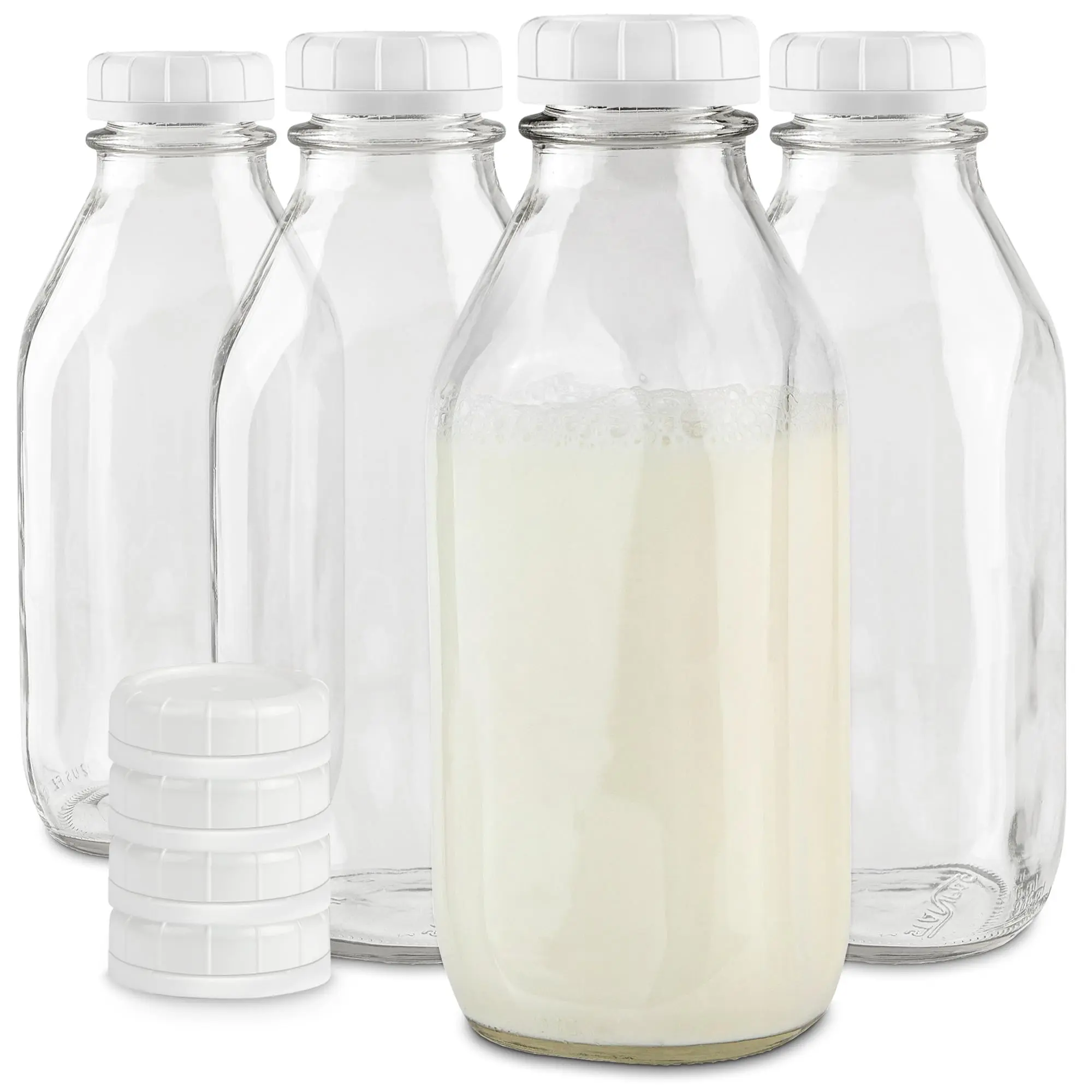 Stock Your Home Liter Glass Milk Bottle with Lid (4 Pack) 32 Oz Jugs and 8 White Caps, Reusable Food Grade Container for Refrigerator, Juice, Oat or Plant Milks, Water, Honey