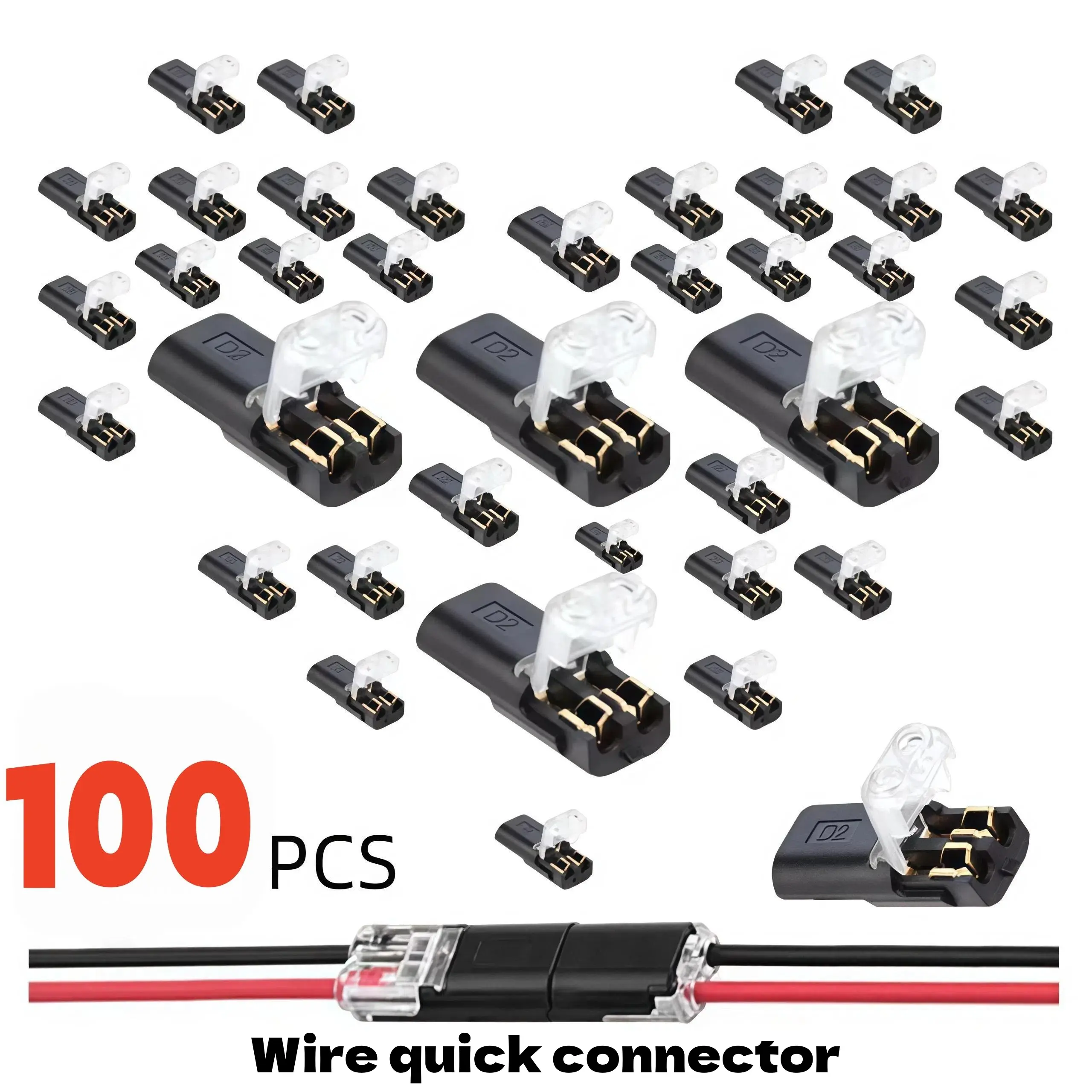 MaxFit Double-Wire Locking Plug-in Quick Connectors (100 Pcs) - PA66 Nylon ABS Rectangle, Tool-Free 2-Pin, AWG 18-22, No Stripping/Soldering, Durable Reliable Connectors for Wire Joining, LED Light Strips, Speakers, Beginner-Friendly Home DIY Bulk Pack, V