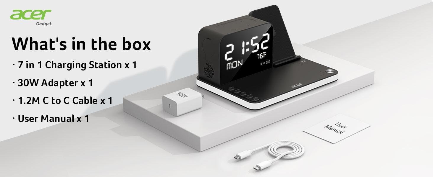 Acer 7 in 1 Wireless Charging Station Charger with Clock, LED Night Light & Temperature Display, USB-A & USB-C, Magnetic MagSafe – for iPhone, Android Phone, Apple Watch & AirPods, Gift