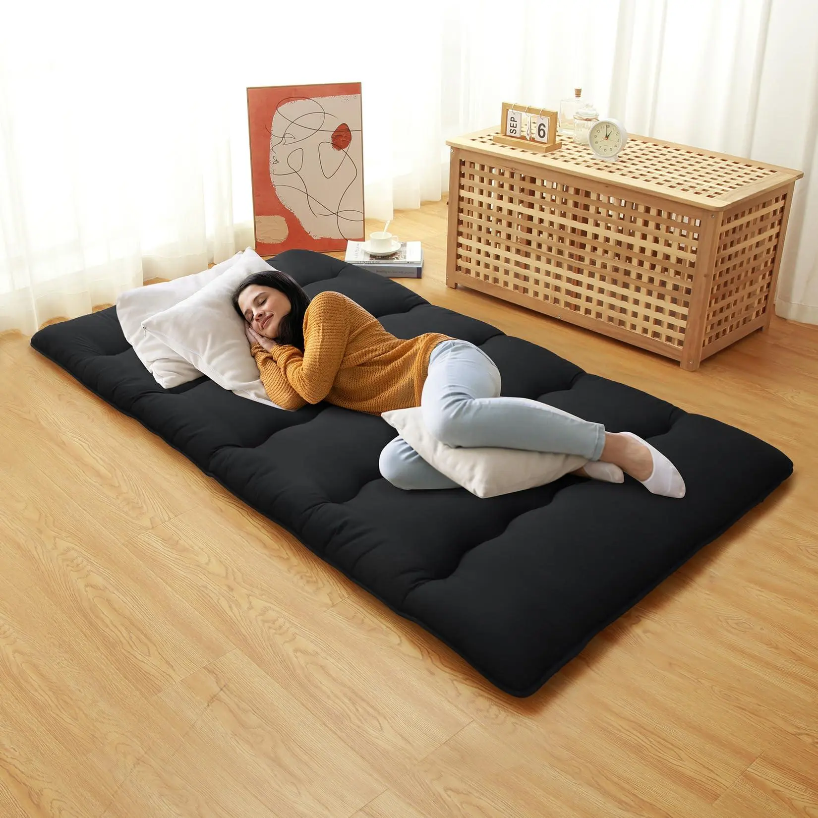 Japanese Floor Futon Mattress Twin Size, Japanese Style Folding Futon Mattress Sleeping Mattress Pad for Adults Kids, Tatami Mat, Roll Up Camping Mattress, Black