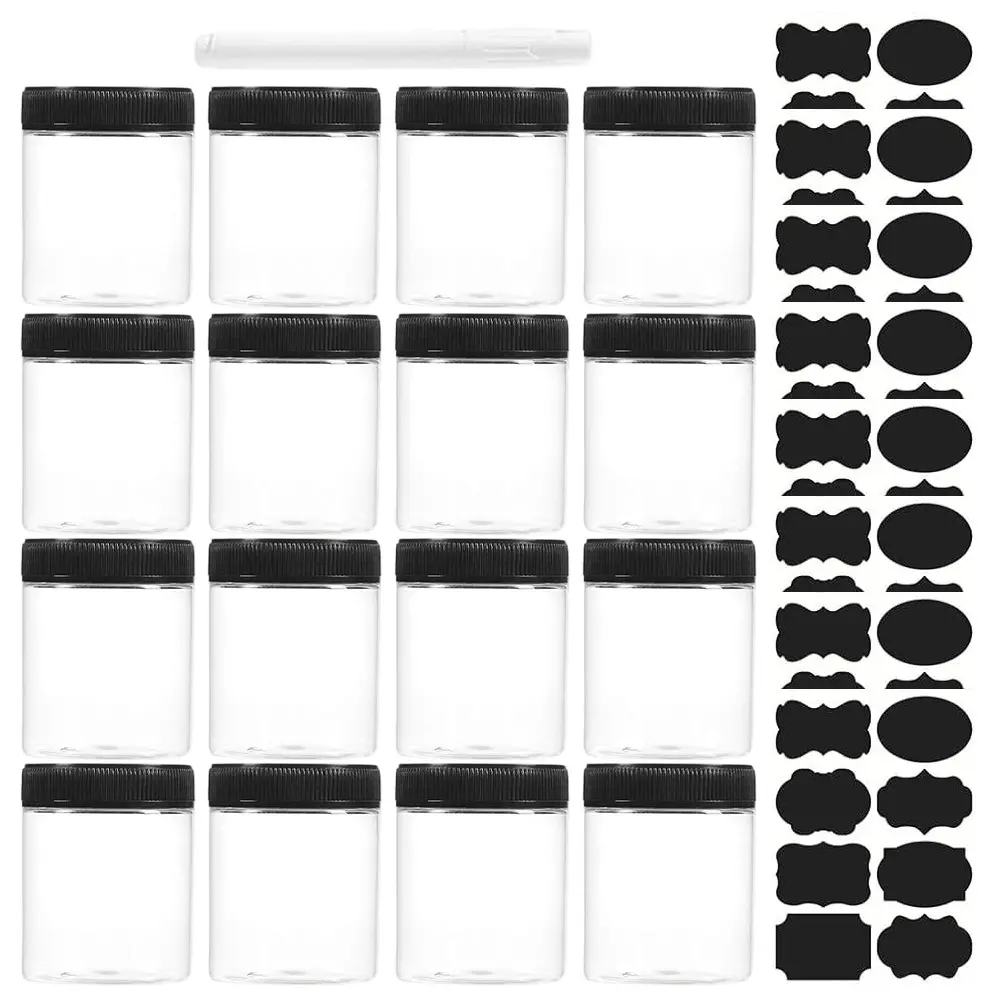 16 Packs 16oz Clear Plastic Jars With Lids, Plastic Jars & Sticker & Pen Kit, Airtight Container Ideal For Dry Food, Peanut Butter, Honey Jam,Cream, Bathroom and Storage